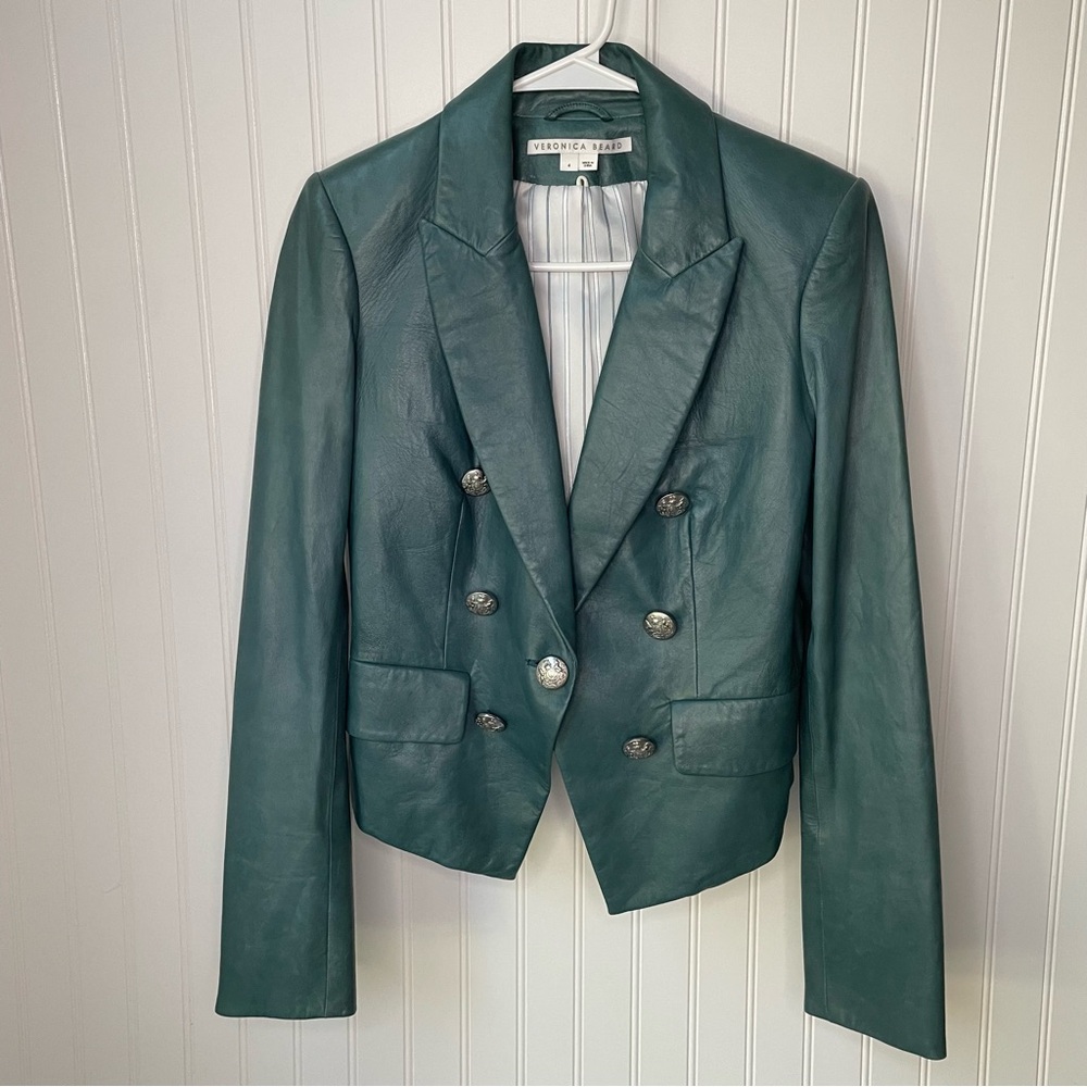 Veronica Beard Cooke Leather Dickey Jacket in Teal Blue Size 4